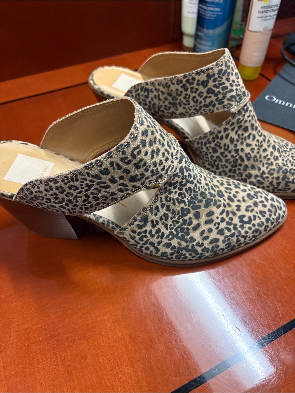 Dolce Vita Leopard Print Open-Side Block Heel Mules - Beige/Black - Picture 4 of 7